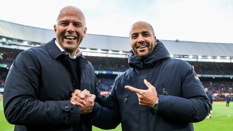 AZ coach Pascal Jansen, Feyenoord coach Arne Slot during the Dutch Eredivisie match between Feyenoord and AZ at Feyenoord Stadium de Kuip on November 7, 2021 in Rotterdam