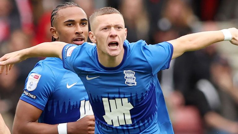 Jay Stansfield celebrates after pulling a goal back for Birmingham at Southampton