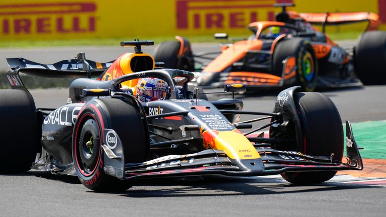 Red Bull driver Max Verstappen of the Netherlands steers his car during the first free practice ahead of the Formula One Italian Grand Prix race at the Monza racetrack, in Monza, Italy, Friday, Aug. 30, 2024. (AP Photo/Luca Bruno)