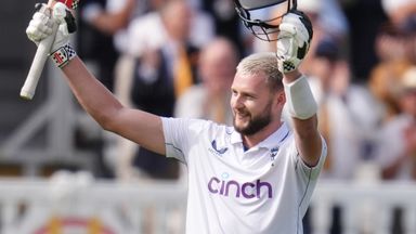 Gus Atkinson celebrates his maiden Test and first-class century on day two against Sri Lanka