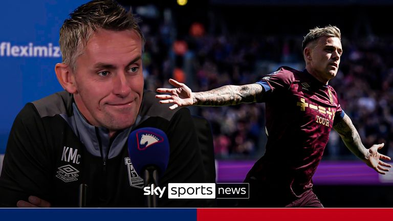 Ipswich Town's Sammie Szmodics celebrates scoring his side's opening goal during the English Premier League soccer match between Manchester City and Ipswich Town at the Etihad Stadium in Manchester, England, Saturday, Aug. 24, 2024.