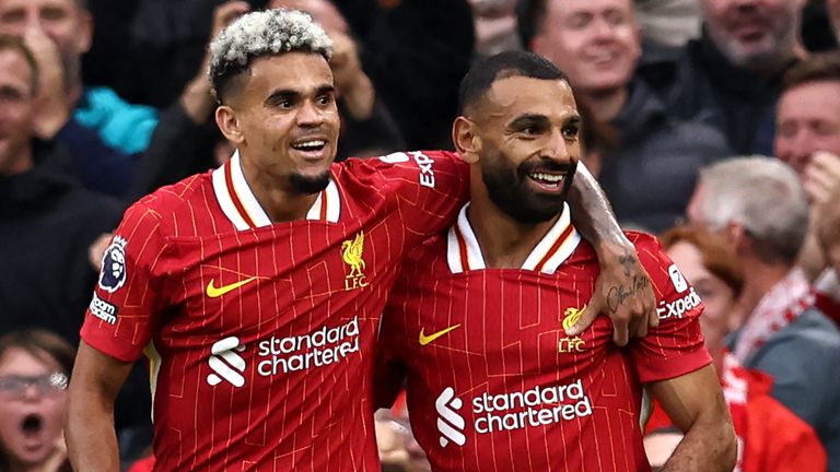 Mohamed Salah celebrates with team-mate Luis Diaz after doubling Liverpool's lead against Brentford